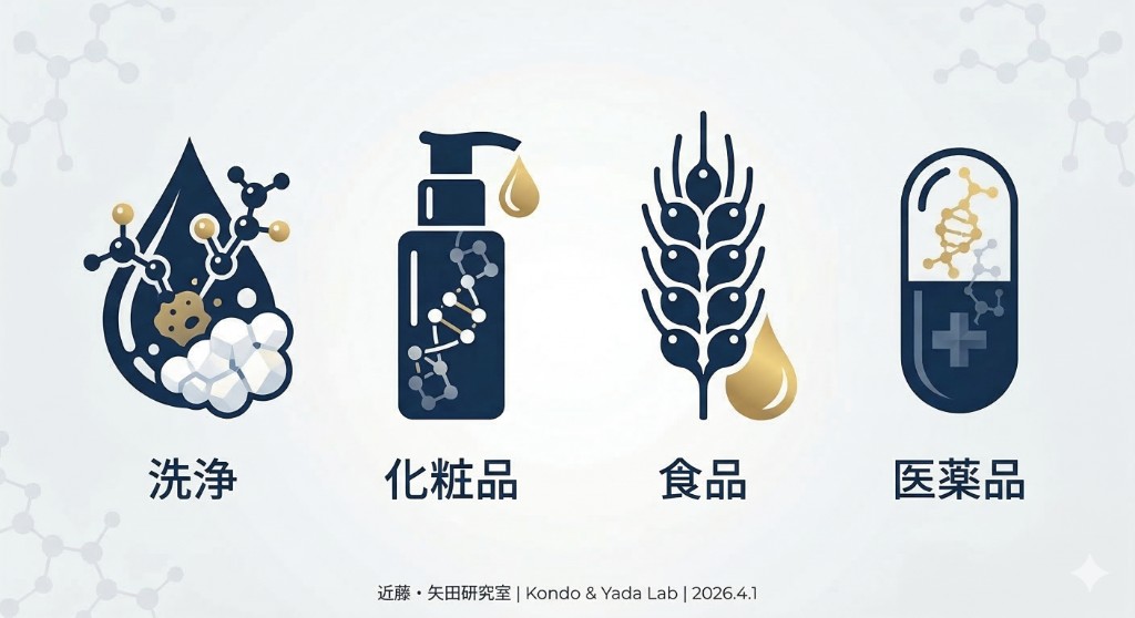 洗浄・化粧品・食品・医薬品など界面活性剤の応用分野を示す図